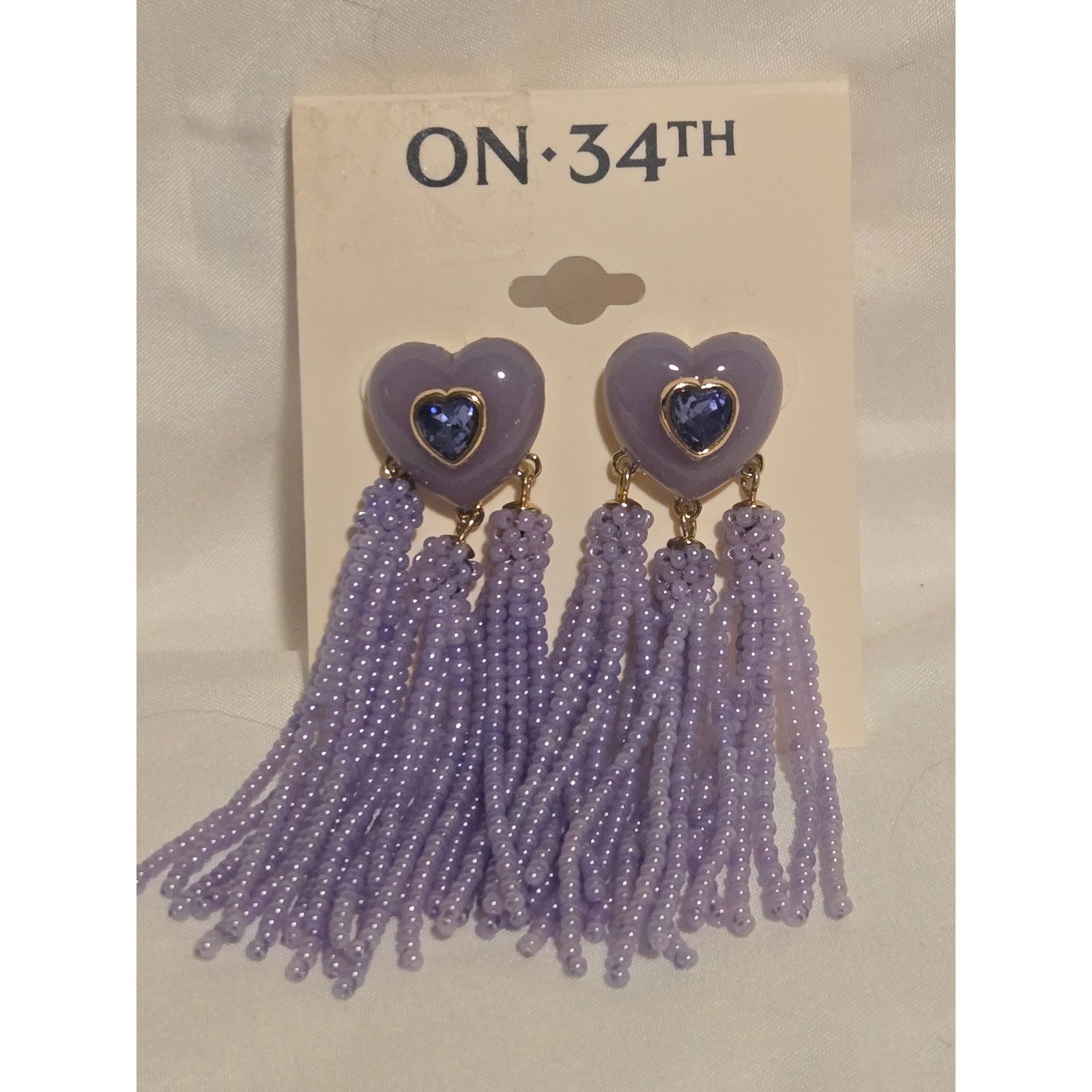 On 34th Lavender Heart Dangle Earrings Crystal Blue Accent Tassel Beads 25$